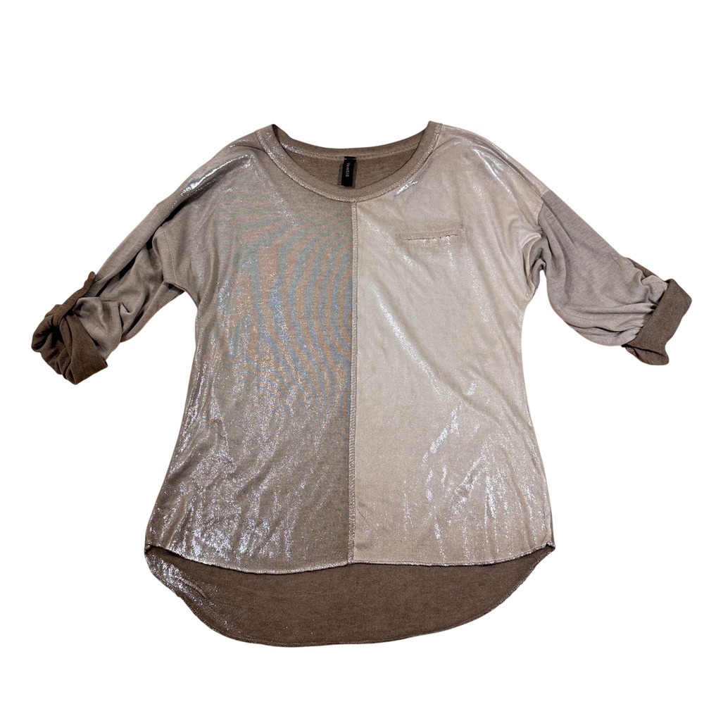 Venti6 Women Gray Silver Metallic Sequin Pocket Roll Tab Sleeve Tunic Top S